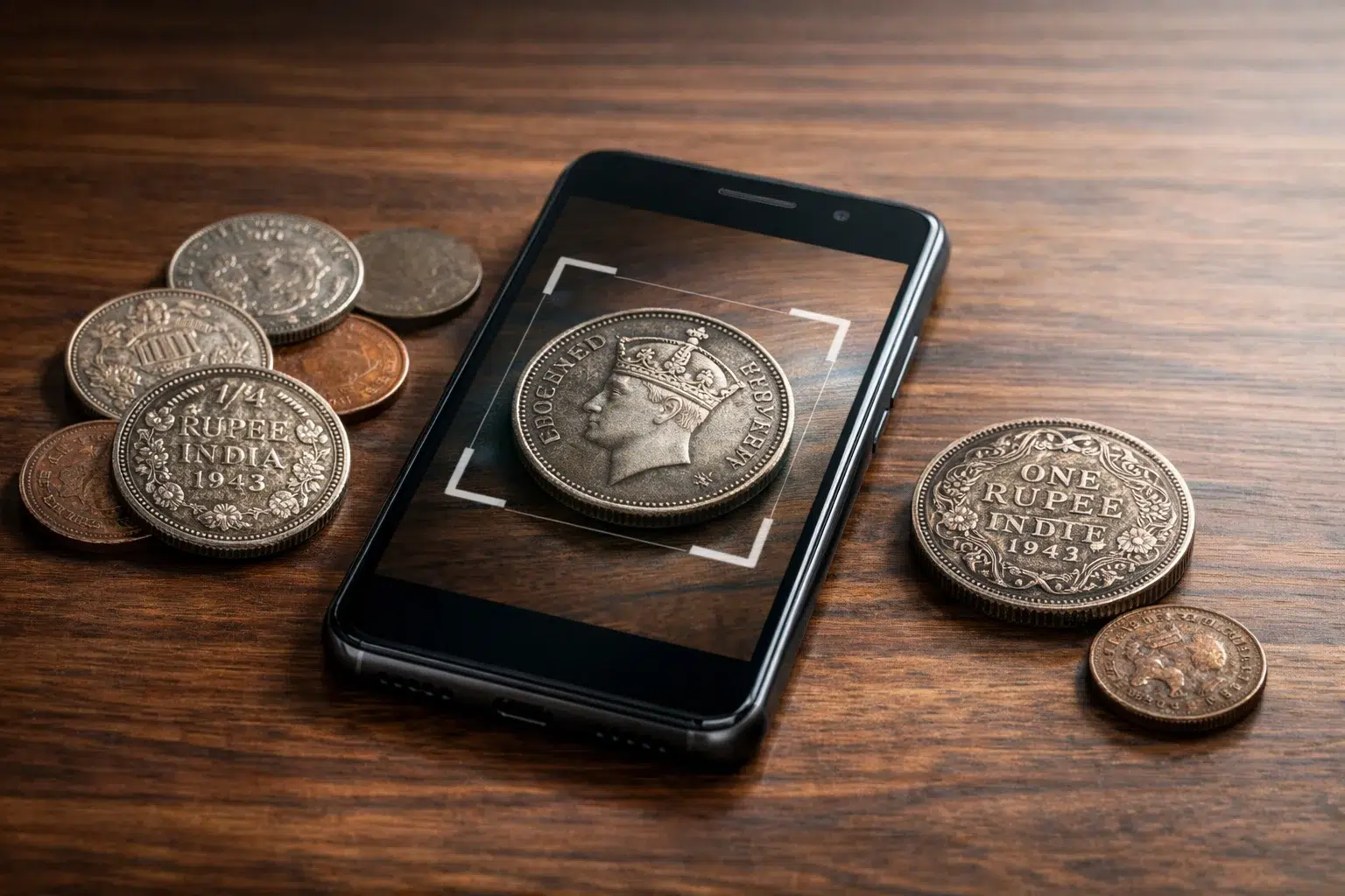 Old Indian coins being scanned with a coin identification app