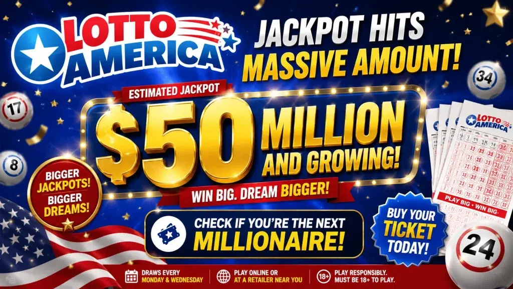 Lotto America ad highlighting a $50 million jackpot and bold yellow text, encouraging to buy tickets online or at a retailer.